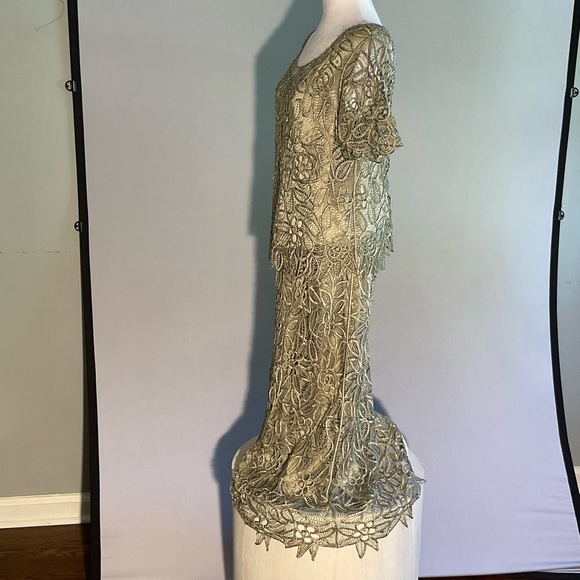 Silken Poetry Sage Green XL 2 Piece Mother of the Bride Dress Crocheted Beaded - Picture 12 of 16